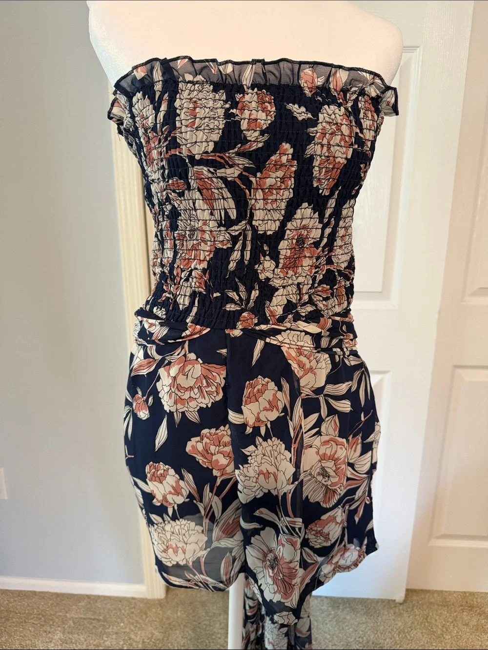 Venus Floral Strapless high-low romper - Navy & Blush - Medium